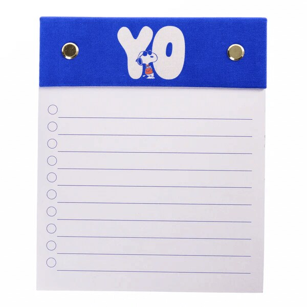 Notepad with a blue top featuring Snoopy and the word 'YO'
